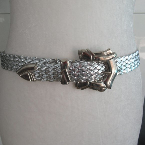 Braided Woven Leather Belt Silver Tone Hardware in Silver Color Size Small - Picture 4 of 9